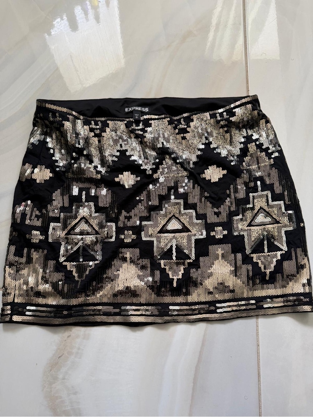 Express Black Sequin Mini Skirt with Silver Geometric Pattern